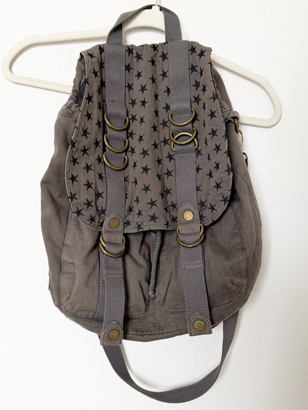 Y2K Star Print Canvas Utility Backpack Convertible Shoulder Bag Gray